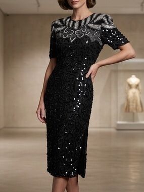 Robert Anthony Dress 8 Black Silk Beaded Sequined Vintage Shift Midi Cocktail